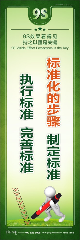 9S標(biāo)準(zhǔn)化的步驟：制定標(biāo)準(zhǔn)、執(zhí)行標(biāo)準(zhǔn)、完善標(biāo)準(zhǔn)